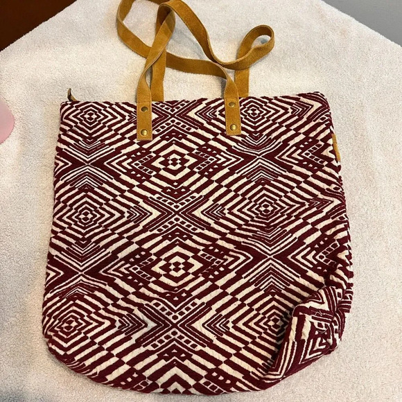 Boho Tote Bag Maroon Woven Ethnic Pockets Geometric Shoulder Leather Straps - Picture 5 of 14